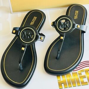 Michael Kors Aubrey Cut Out Thong Sandal Black Leather/Gold Accents/With Box